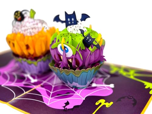 Halloween 3D Pop Up Card with Cupcake Monsters & Spooky Details - Handmade Greeting Card with Envelope