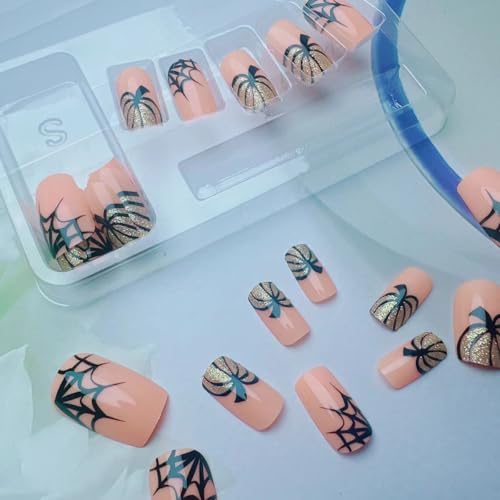Halloween Press On Nails Medium Gold Pumpkin Design D Nails 4 - Ghost & Spider Web