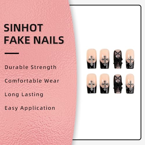 Square Press On Nails - Medium Fake Nails with Glossy Finish & Rhinestone Cross - Variation FN064A32
