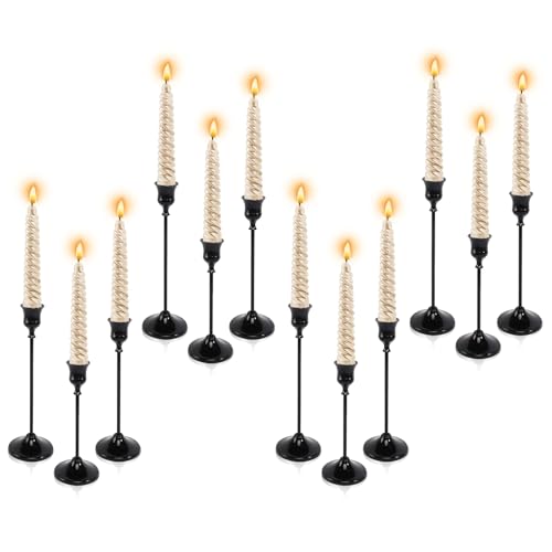 Black Candle Holder Set - 12pcs Taper Candlestick Holders for Pillar Candles, Decor, Halloween & Christmas - Black Variation