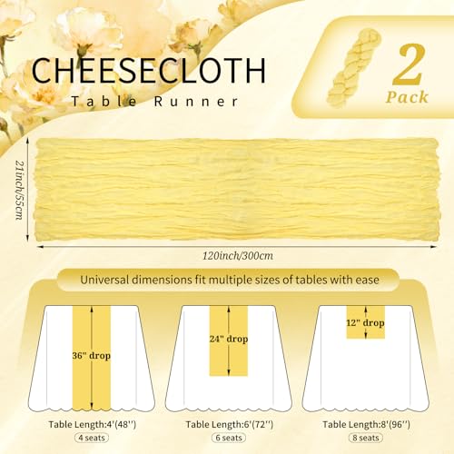 Light Yellow Cheesecloth Table Runner Set - 2 Pack Boho Wedding Decor