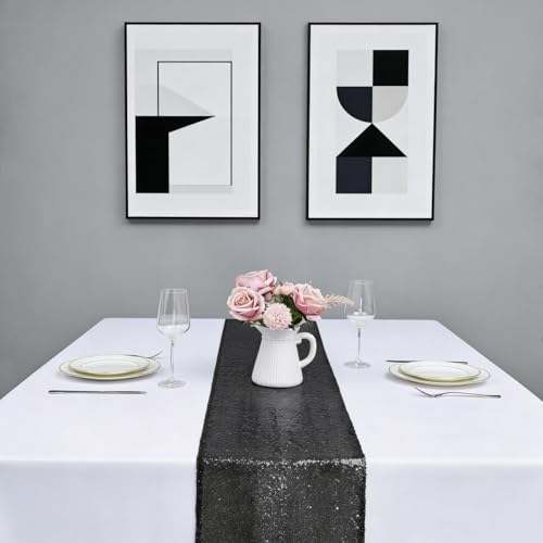 Black Sequin Table Runner Set - 12 Pack 12x108 Inches for Weddings & Parties - Variation: 12" x 108" Black 12pcs