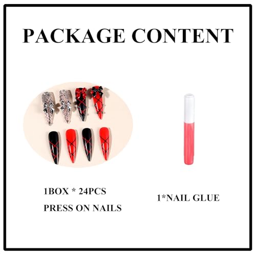 Long Stiletto Press-On Nails with Rhinestones & Bow - Red & Black Goth Style, 24pcs (Variation: 6507BlackRed)