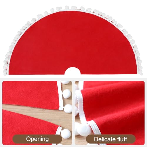 Red Christmas Tree Skirt 48 Inch with Pom Poms - Nonwoven Holiday Decor