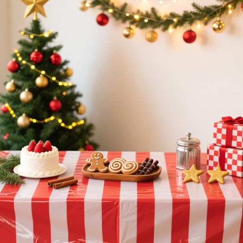 Red and White Striped Plastic Tablecloth 54x108 Inch - 3 Pack, Waterproof & Disposable - Horizontal Red Stripe