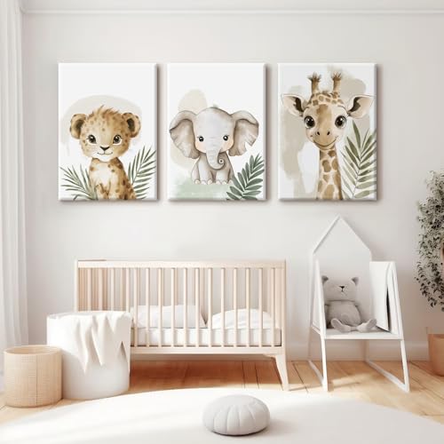 Nursery Animal Wall Art Decor Canvas Prints for Kids Room - Safari Jungle Giraffe Elephant Leaf Variation 12x16 Inch