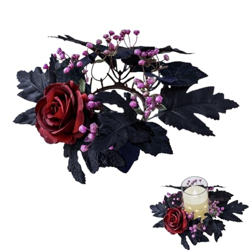 Halloween Candle Ring Wreath Artificial Maple Leaf Rose Flower Decor - 9.84 Inch
