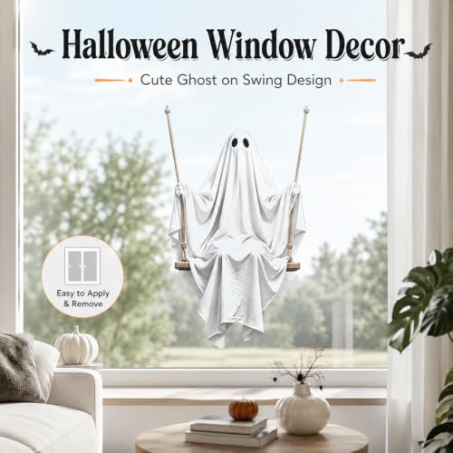 Halloween Static Window Cling - Cute White Ghost on Swing - Reusable Spooky Ghost Window Sticker - Style6