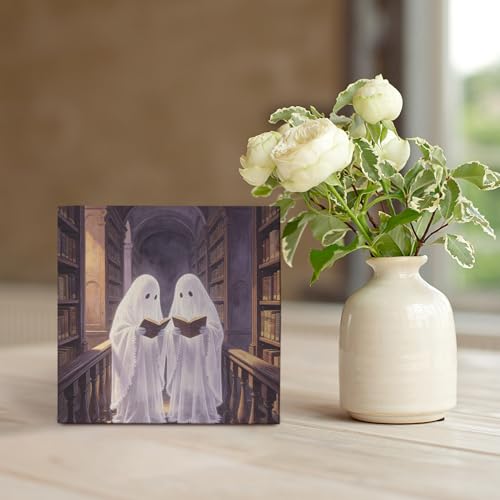 Ghost Library Wooden Sign - Halloween Book Decor for Home & Library - 5x5 Inch