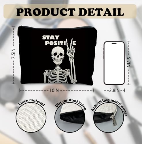Inspirational Gothic Skeleton Makeup Bag for Women - Positive Skull Cosmetic Pouch with Zipper - Black & White