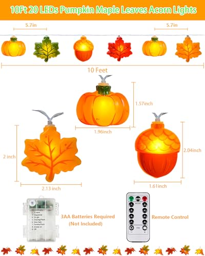 Multicolor Fall String Lights 10Ft Battery Operated 20 LED Acorn Pumpkin Maple Leaf with 8 Modes