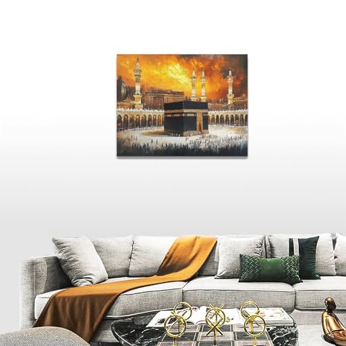 Islamic Mosque Kaaba Wall Art Canvas Print - Black Gold Mecca Faith Decor 16x12