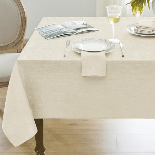 Cream Linen Textured Outdoor Rectangular Tablecloth 52 x 70 Inch - Stain & Wrinkle Resistant - Perfect for Spring, Summer & Parties