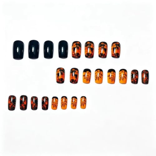 Halloween Press On Nails Orange Gradient Fake Nails with Spider Web Design - Variation Hall10