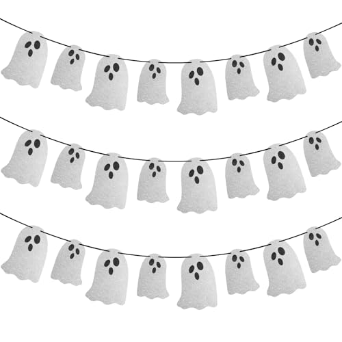 Halloween Ghost Banner Decorations - 3 Pack White Glitter Hanging Spooky Party Garland - Variation: Ghost