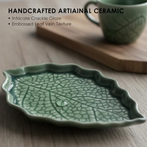 Green Leaf Ceramic Spoon Rest with Ice Crackle Pattern - Kitchen Counter Decor, 1 Piece