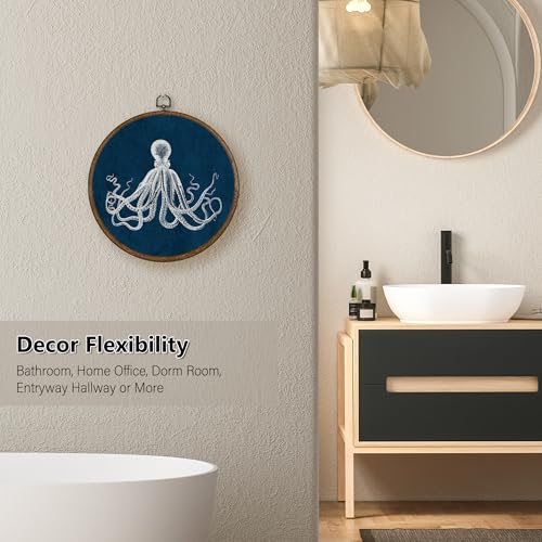 Navy Blue Coastal Octopus Wall Art Decor - Round Canvas for Living Room & Bathroom
