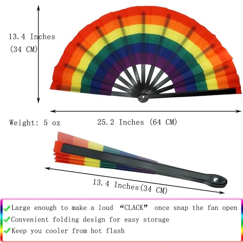 Rainbow Pride Hand Fan - Large Foldable LGBTQ Festival & Parade Fans - Black / 1