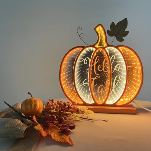 Fall Pumpkin Décor Light Up Infinity Pumpkin with USB Power - 8.58 Inch Standalone Fall Pumpkin for Table or Room Decoration - Variation: Fall Pumpkin