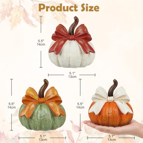 Fall Pumpkin Decor Set of 3 with Bows - Artificial Resin Rustic Autumn Decorations - White, Orange, Green