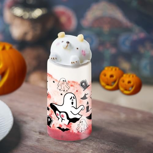 16oz Halloween Ghost Glass Cups with Lids & Straws - Cute Ghost Pattern, Gift Box Included