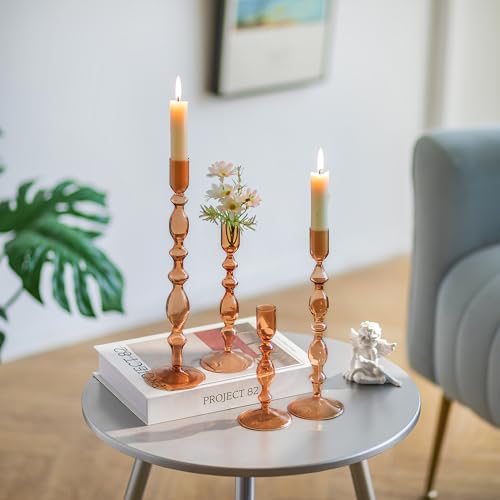 Tall Glass Candlestick Holders Set with 4 Sizes - Fall Decor, Amber Variation 2 (S+M+L+XL)