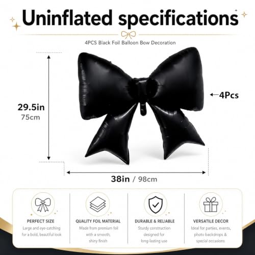 Black Bow Balloons Set - 4 Pieces 38 Inch Foil Decorations for Halloween & Birthday