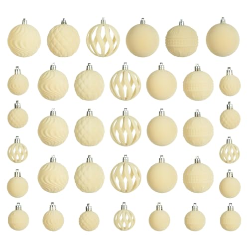 Beige Velvet Christmas Ornaments Set - 36 Pcs Flocked Holiday Tree Decor