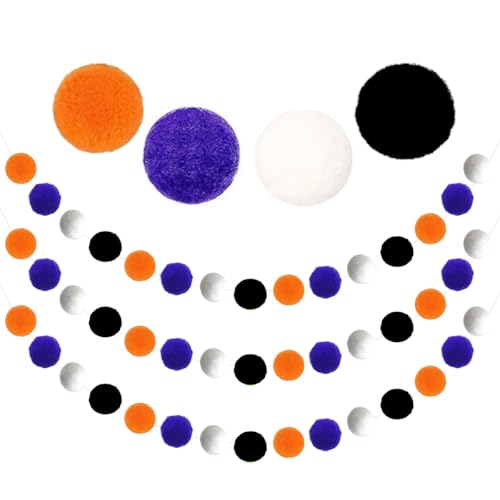 Halloween Wool Felt Ball Garland - 3 Pack, 19.68 Ft, Black, Orange, Purple & White