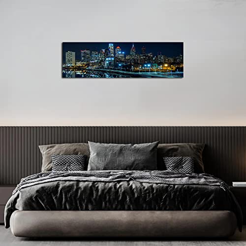 Philadelphia Skyline Wall Art Canvas Prints Night Cityscape Blue 14x48 with Frame - Blue Night Schuylkill River