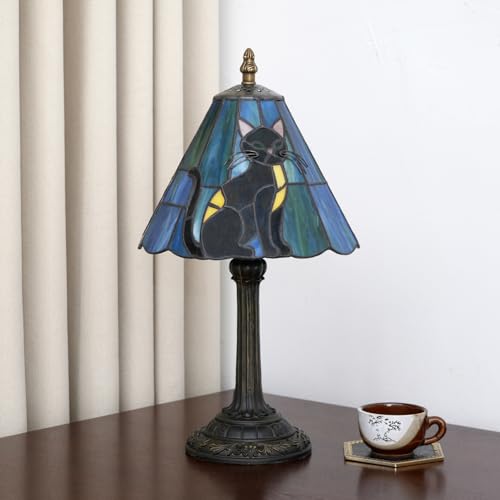 8-Inch Black Cat Tiffany Glass Table Lamp - Handcrafted Stained Glass Bedside Decor
