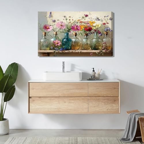 Colorful Farmhouse Floral Canvas Wall Art - 16x24 Inches Framed