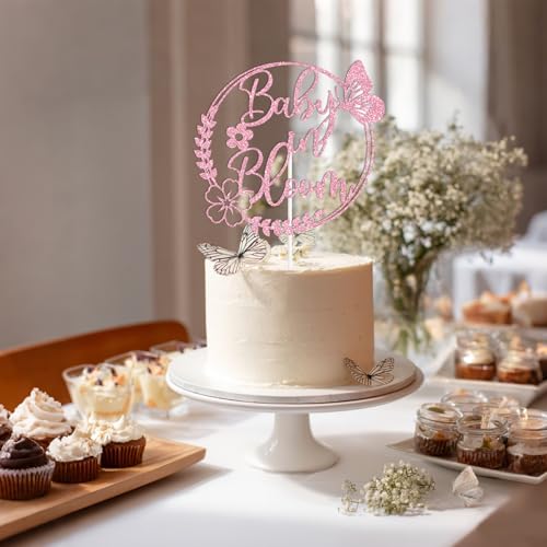 Pink Glitter Baby in Bloom Cake Topper - Spring Baby Shower & Gender Reveal Decor
