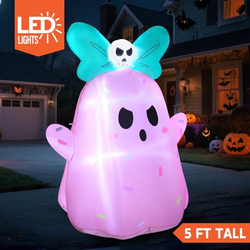 Pink Halloween Inflatable Ghost 5FT Tall with LED Lights & Bowknot - Outdoor Yard Decor