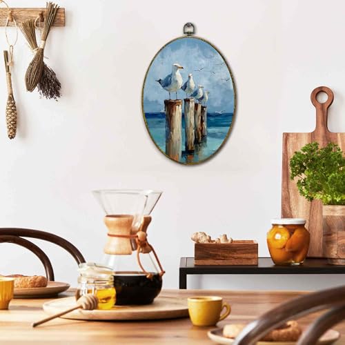 Seagull Coastal Wall Art Decor - Oval Canvas Frame, 11x8.5 Inch - Beach House Art