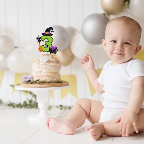 Halloween Witch Cake Topper - 3rd Birthday Glitter Decoration with Cauldron - Green, Variation 3