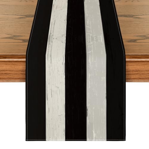 Black and White Retro Rustic Wood Texture Table Runner - 13x72 Inch Seasonal Halloween Decor