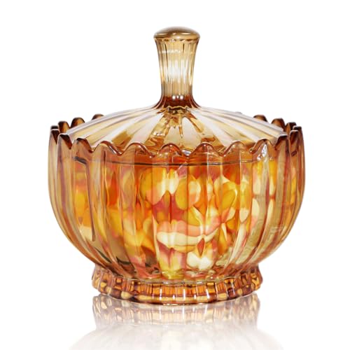 Amber Crystal Candy Bowl with Lid - 18oz Decorative Glass Dish for Snacks & Nuts