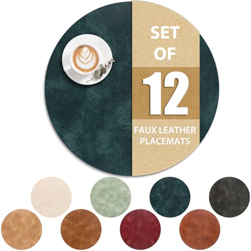 Round Heat Resistant Placemats Set of 12 - Waterproof Faux Leather, Dark Blue