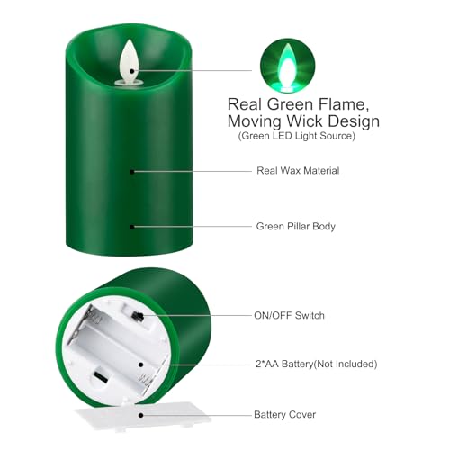Green Flame LED Candles with Remote Control - Real Wax, Flameless, Battery Operated