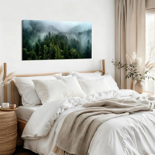 Misty Green Mountain Forest Wall Art - 20x40 Inch Canvas Landscape Decor - Variation of 40L x 20W / Green Forest