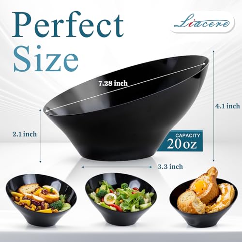 16 Pack Black Plastic Serving Bowls for Weddings & Parties - Angled Design, 20oz