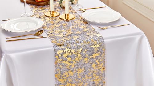 Black Gold Mesh Table Runner 33 Ft Metallic Foil Sequin Decor - Variation of Mesh-Black Gold