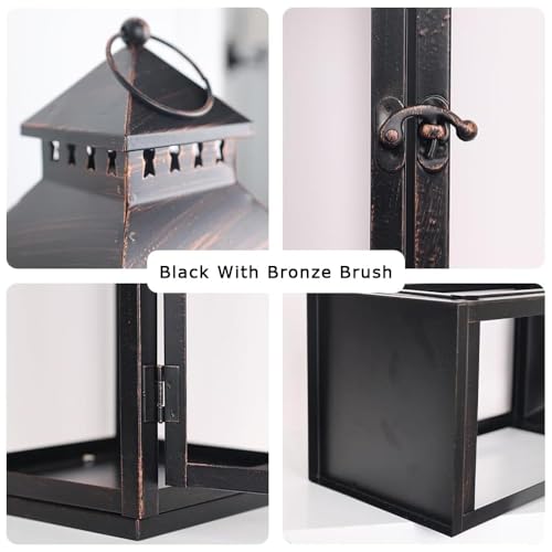 Black Metal LED Lanterns Set of 2 - Large & Medium Outdoor Indoor Decor with Bronze Brush - No Glass