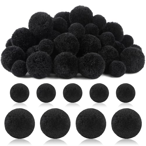 Black Yarn Pom Poms Set - Large & Small DIY Craft Decor, 60 Pieces