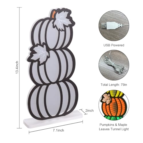 Fall Pumpkin Infinity Mirror Tunnel Lights - 3 Stacked Pumpkins for Autumn Decor, Yellow Orange Green Variation