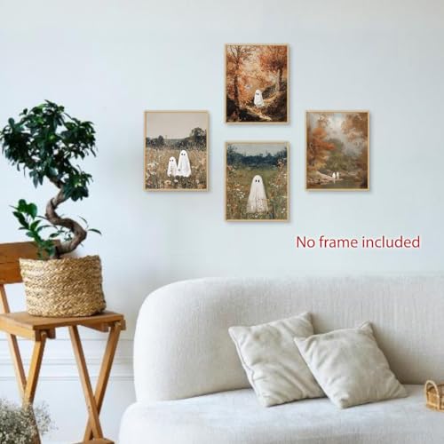 Ghost Wall Art Prints Set of 4 - Vintage Floral Halloween Fall Farmhouse Unframed 8x10in White & Black