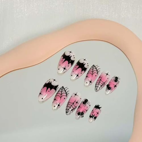 Halloween Press On Nails Set 24pcs Medium Almond Bat Spiderweb Style Nails with Glue & Stickers - Style Nails 14