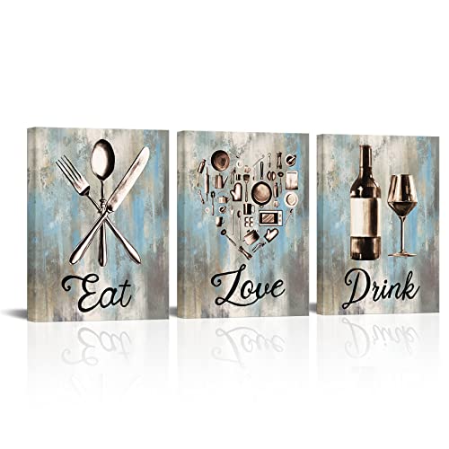 Kitchen Wall Art Canvas Prints Set - Vintage Utensils Eat Love Drink Sign 12x16 Inch Trio