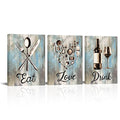 Kitchen Wall Art Canvas Prints Set - Vintage Utensils Eat Love Drink Sign 12x16 Inch Trio